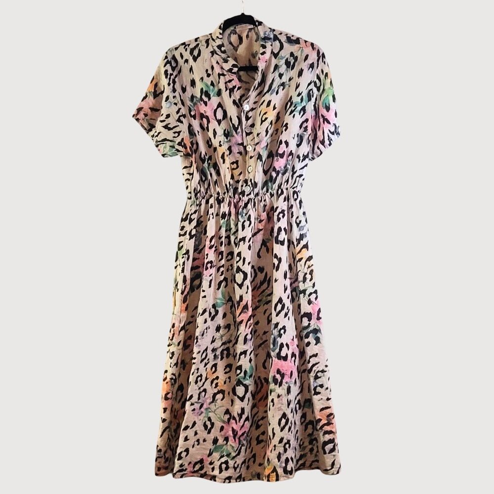 Anna Melani Italy 100% Linen Leopard Floral Button Up MIDI Dress Size Large - Picture 3 of 9